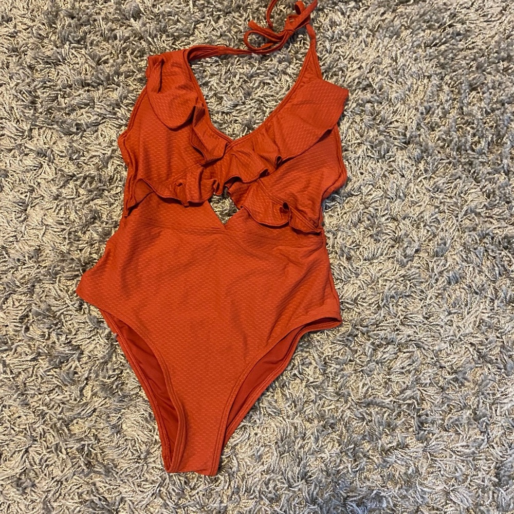 Aerie Ruffle One Piece Swim Rust